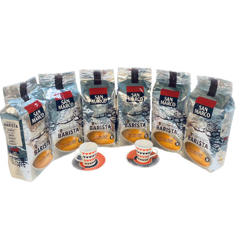 San Marco Barista 6x1kg 2 tasses et leurs sous tasses du créateur Carlo Moretti OFFERTES